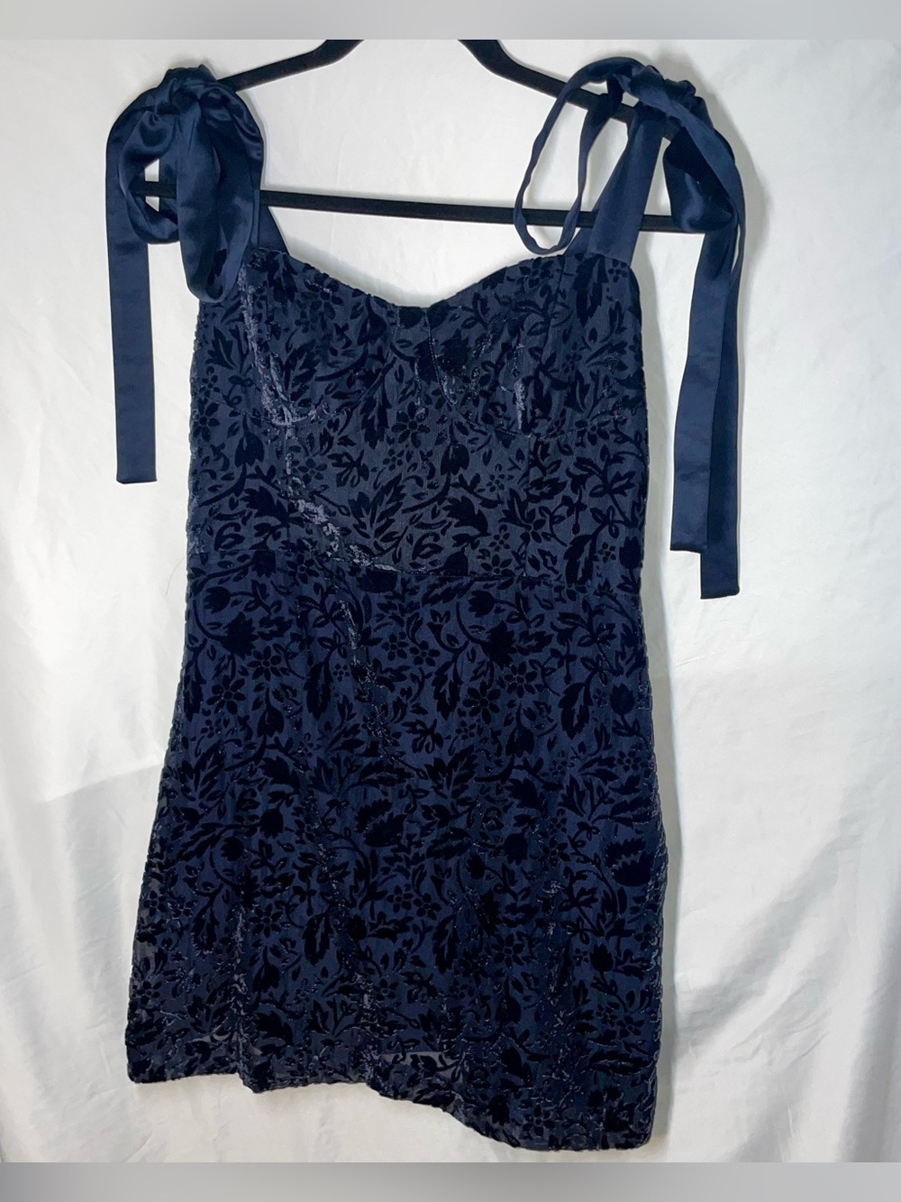 House of Harlow 1960 Blue Damask Burnout Velvet Tie-Shoulder Mini Dress